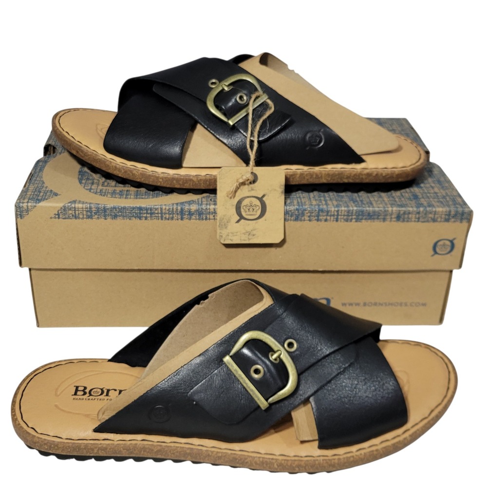 Born Slide Sandals Womens 11 Black Leather Crisscross Buckle Slip on Comfort NEW